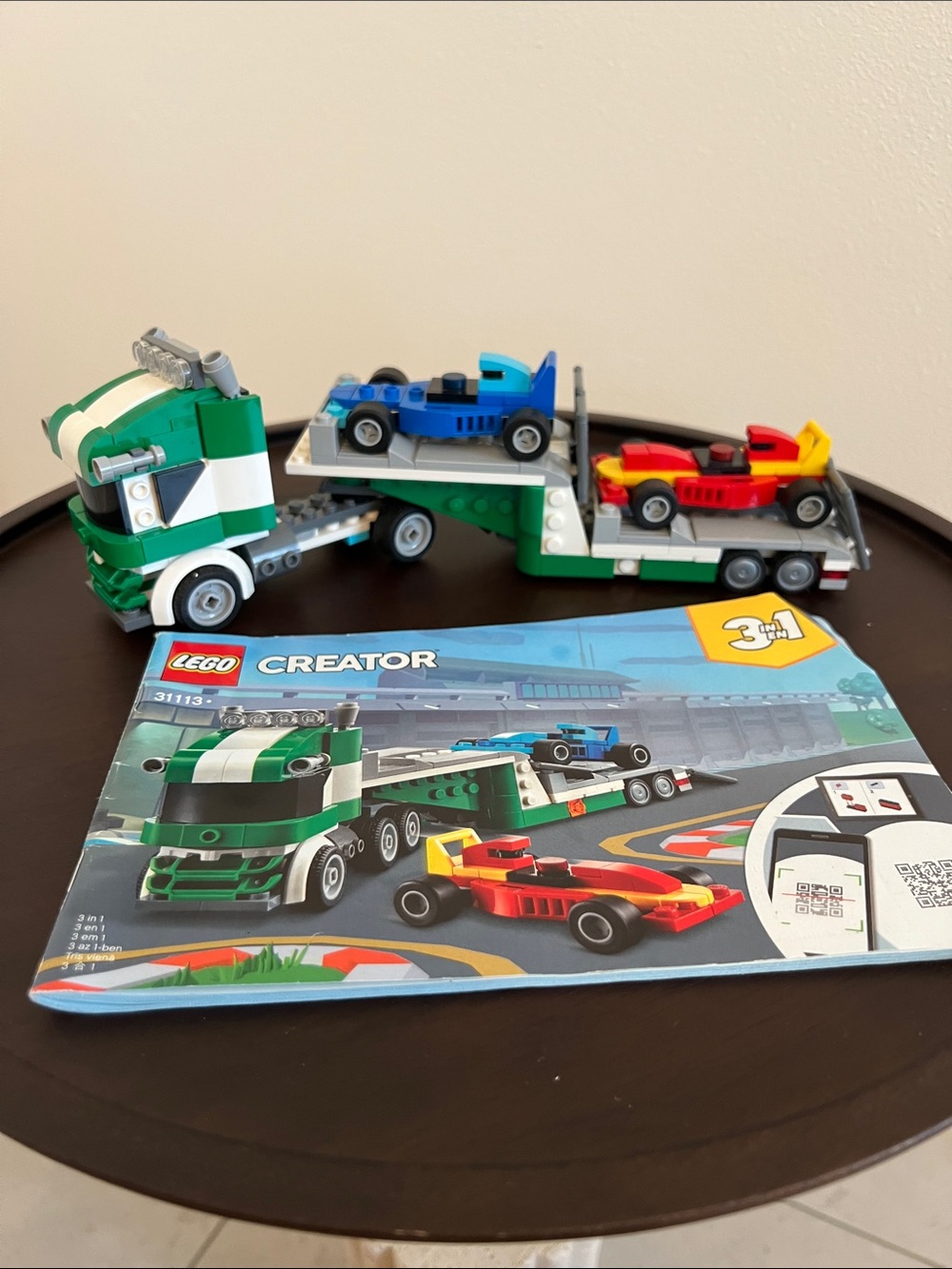 LEGO Green & White Car Transporter with Blue and Red Race Cars